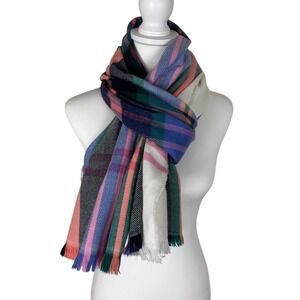 GAP Plaid Scarf Wrap Navy Blue Pink Green Orange Cream Fringe 24 x 76
